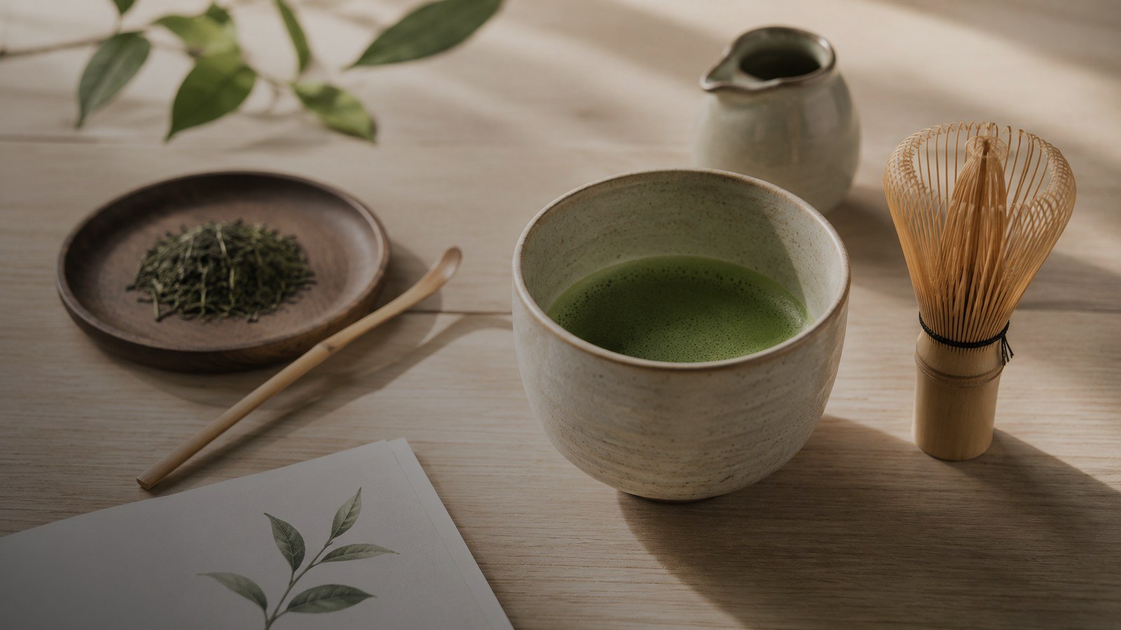 A bowl of matcha with a whisk, a scoop and loose sencha leaf