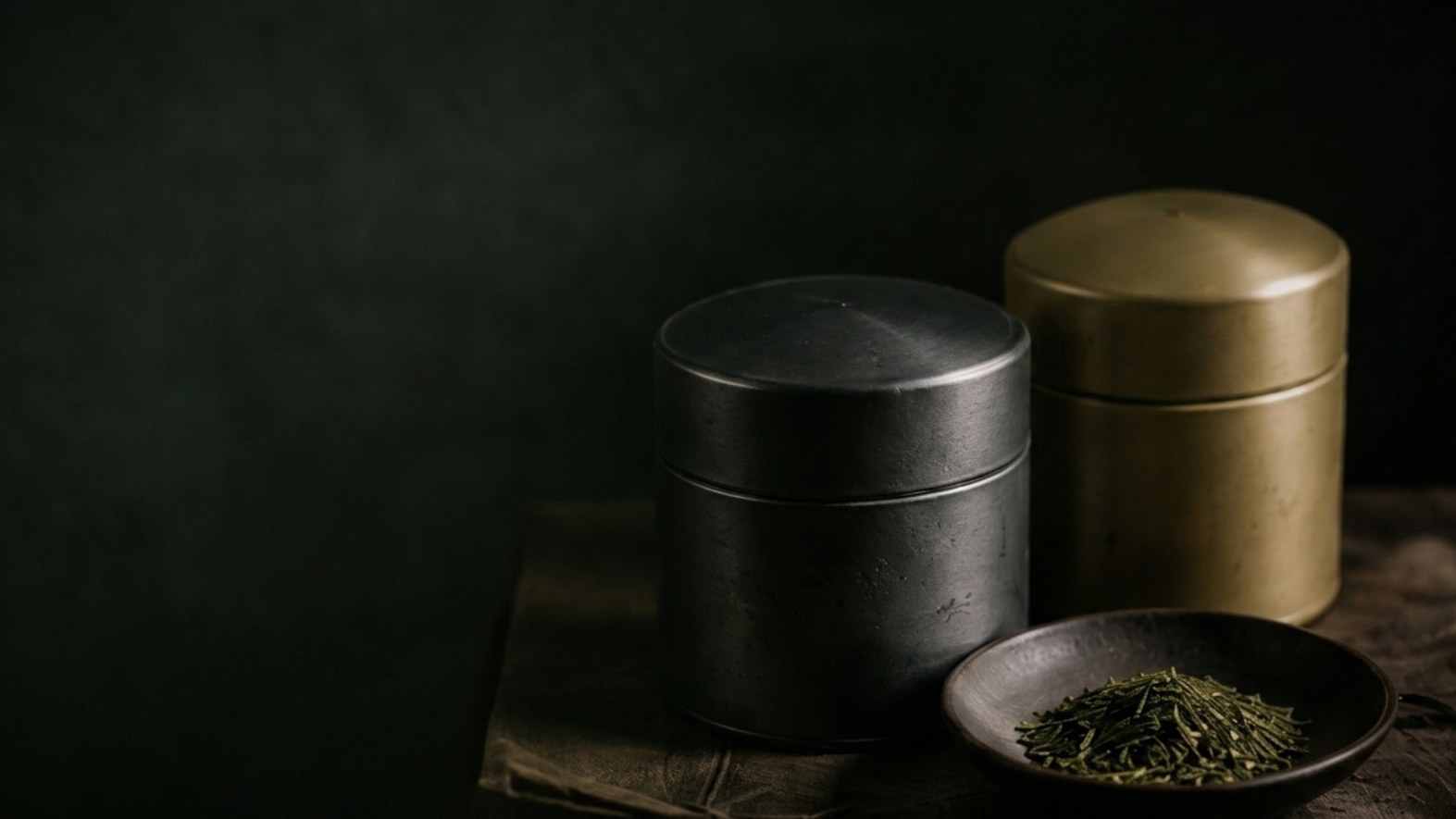 Two tea caddies and a dish of sencha leaf