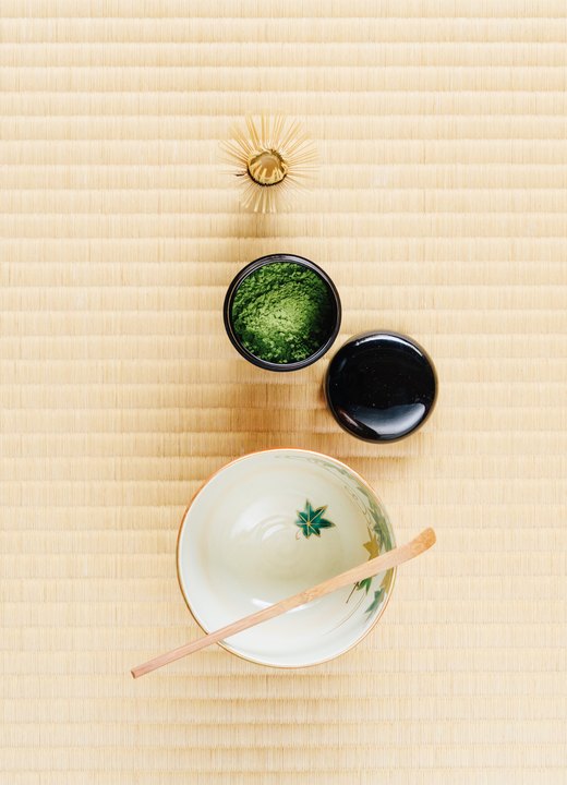 Matcha tea set on a tatami mat